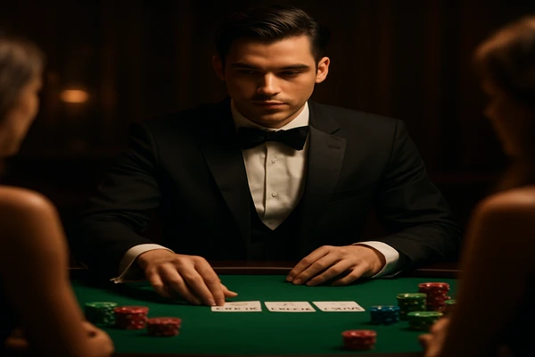 একজন নারী ল্যাপটপে অনলাইন গেম উপভোগ করছেন, চারদিকে আলোকিত ক্যাসিনো পরিবেশ ছড়িয়ে পড়েছে