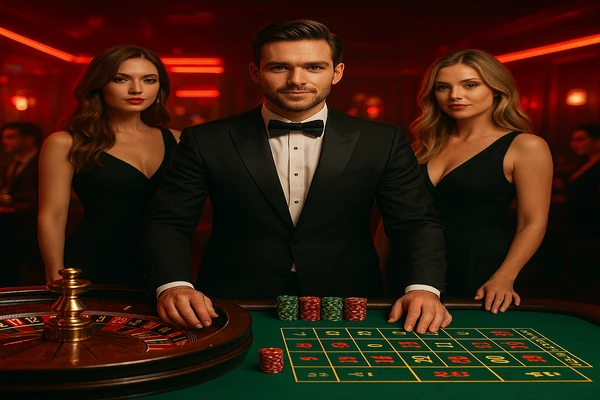 একজন পুরুষ অনলাইন গেমে জয় উদযাপন করছেন, চারপাশে গেমিং প্রতীকগুলো ভাসছে